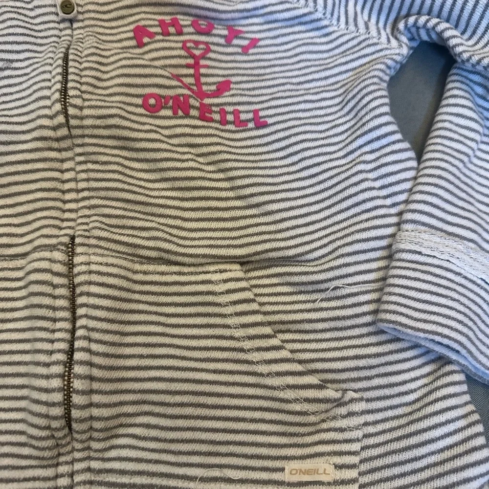 O'Neill Gray and Pink Striped Hoodie Sweatshirt